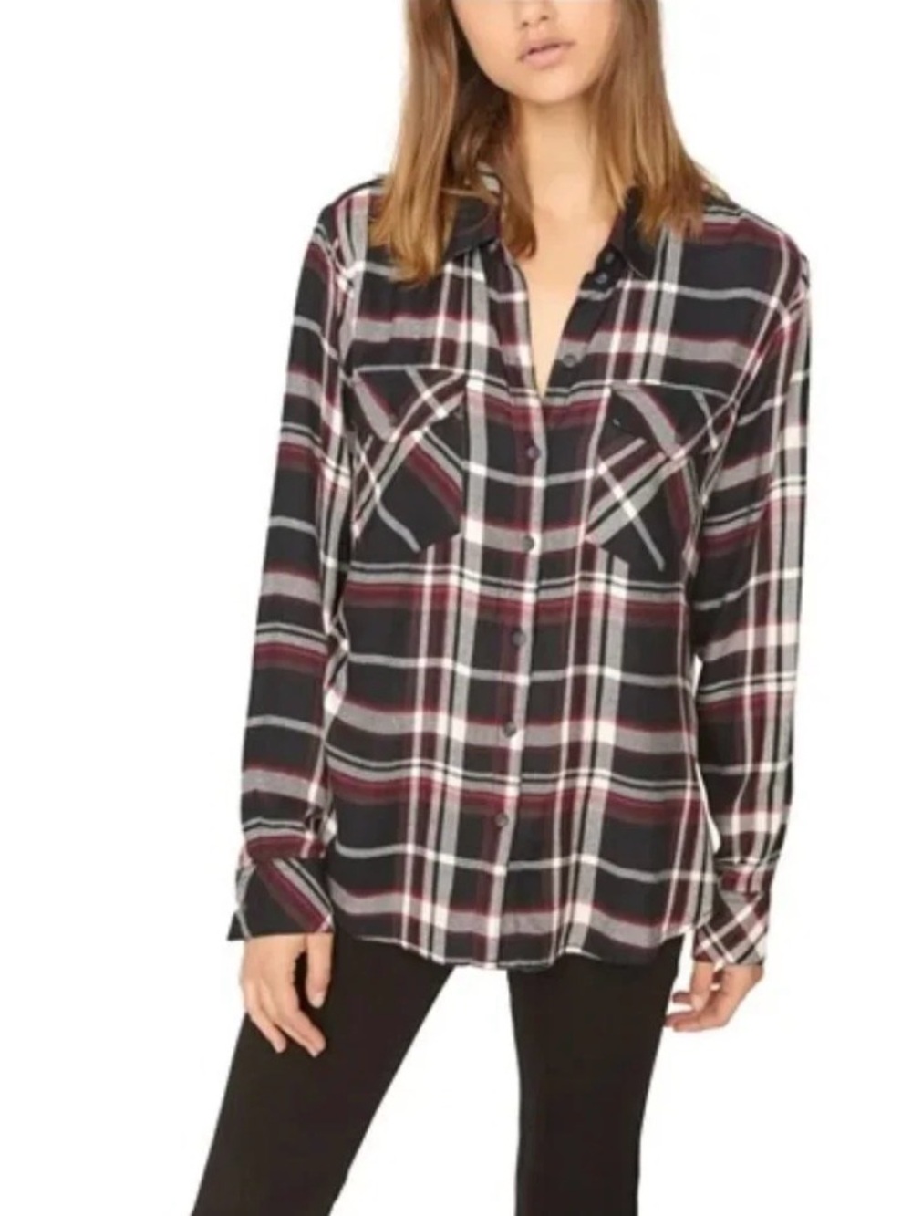 Sanctuary Black and Burgundy Plaid Button-Up Shirt XL